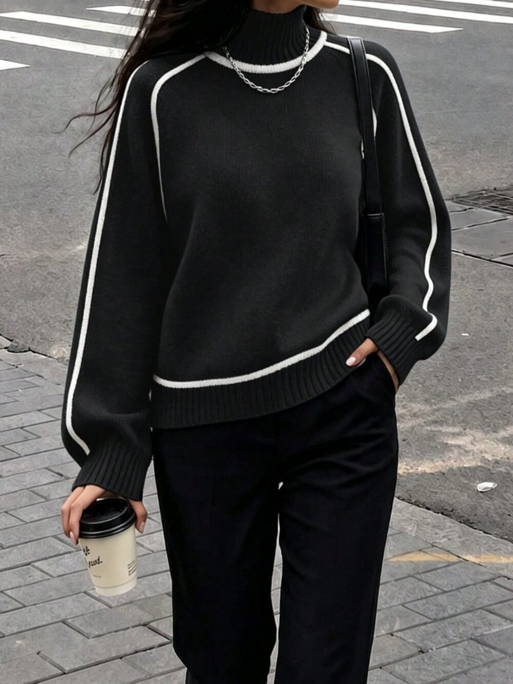 Black Casual Women's Contrast Binding High Neck Long Sleeve Pullover Sweater